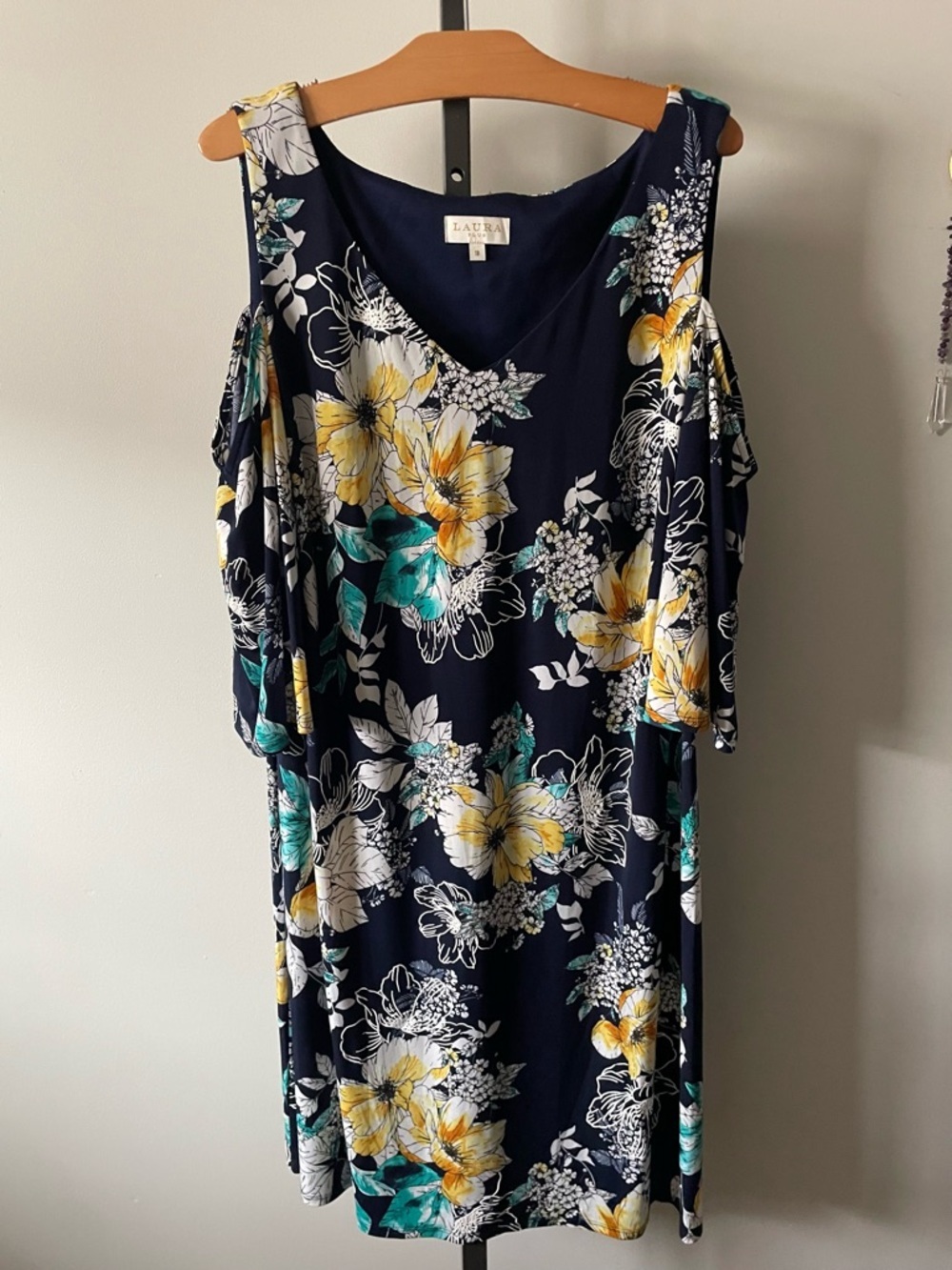 Laura Scott Navy Floral Cold-Shoulder Dress - Yellow & Teal Print